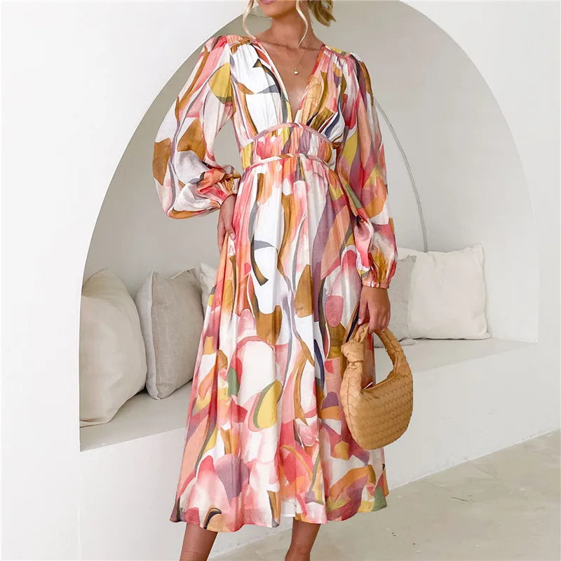 Spring Print V-Neck Long Sleeve A-line Holiday Boho Dress Mssaz Desses