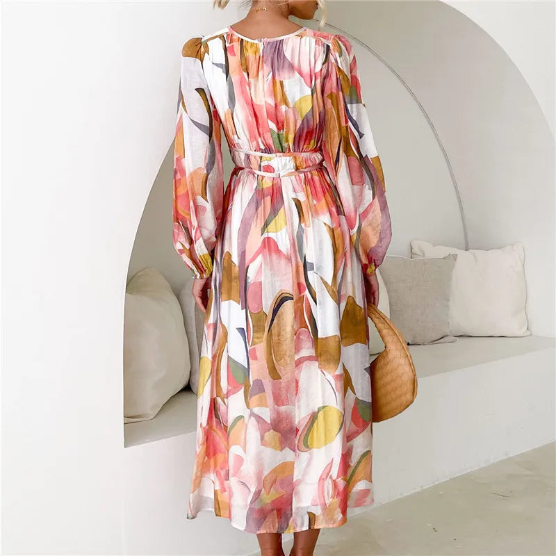 Spring Print V-Neck Long Sleeve A-line Holiday Boho Dress Mssaz Desses