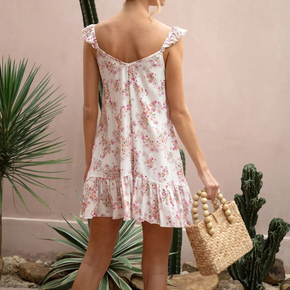 Cami Floral Print V-Neck Sleeveless Ruffles Backless Mini Dress Mssaz Desses