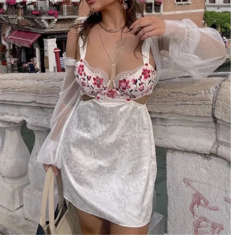 Lace Trim Rose Flower Print Sleeveless Tie-Up Backless Mini Cut Out Dress Mssaz Desses