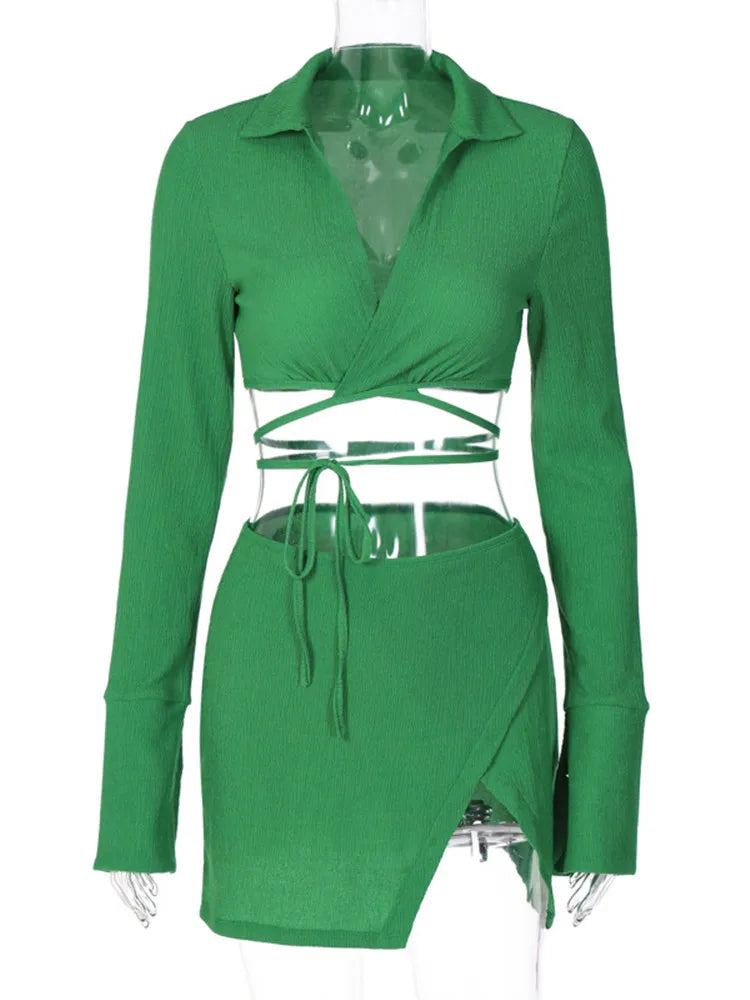 Tops Skirt Suit Long Sleeve Lapel Bandage Solid Color Party Mini Dress Mssaz Desses