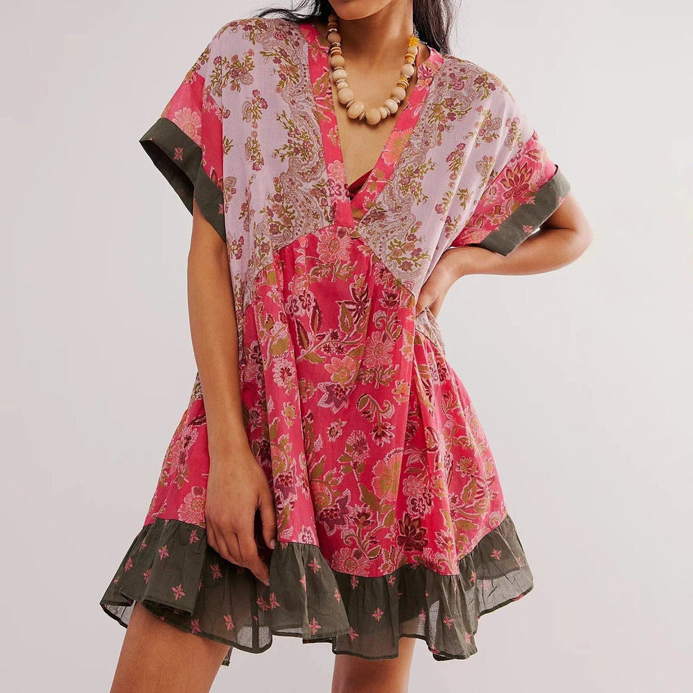 V-Neck Puff Sleeve Mini   Causal Beach Boho Dress Mssaz Desses
