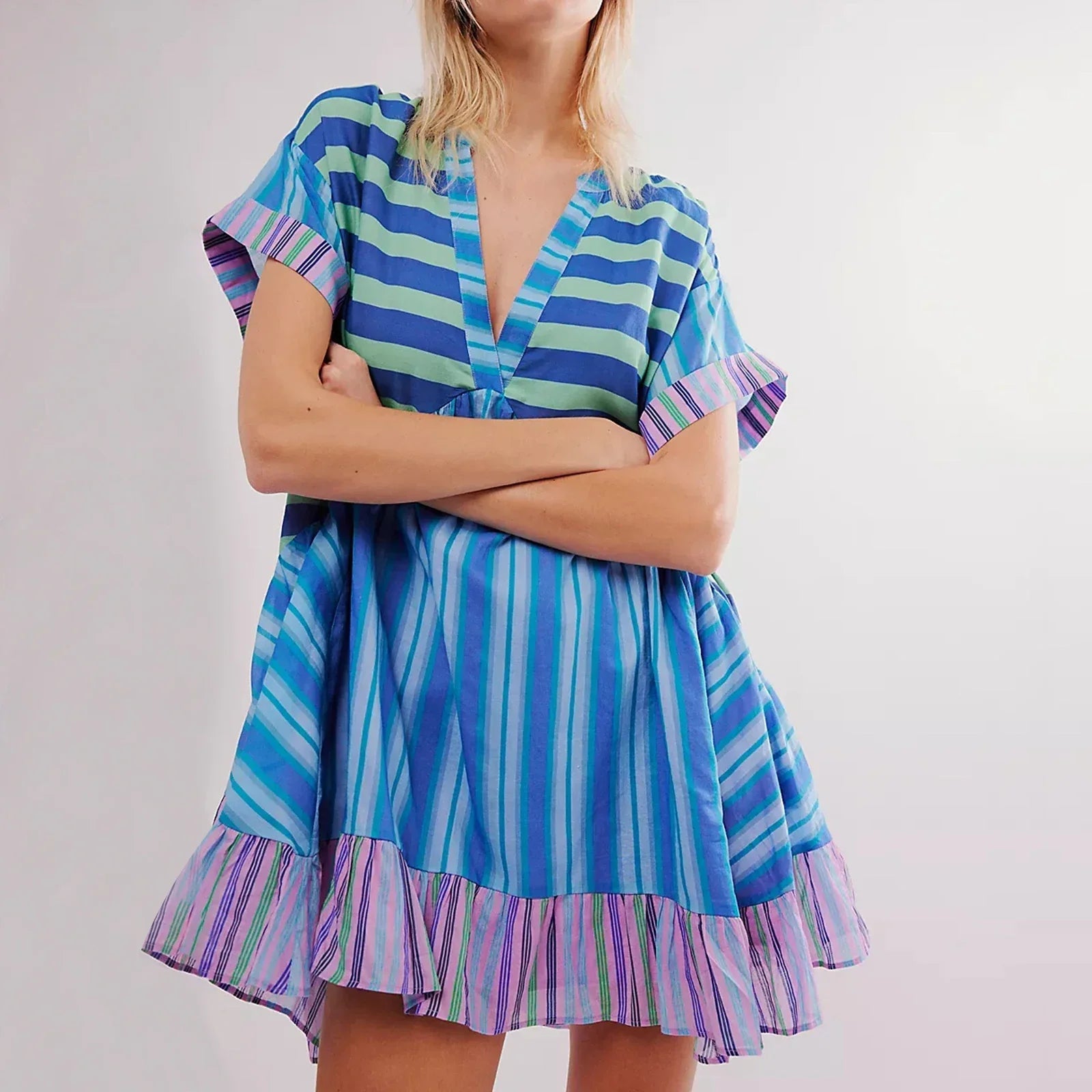 V-Neck Puff Sleeve Mini   Causal Beach Boho Dress Mssaz Desses