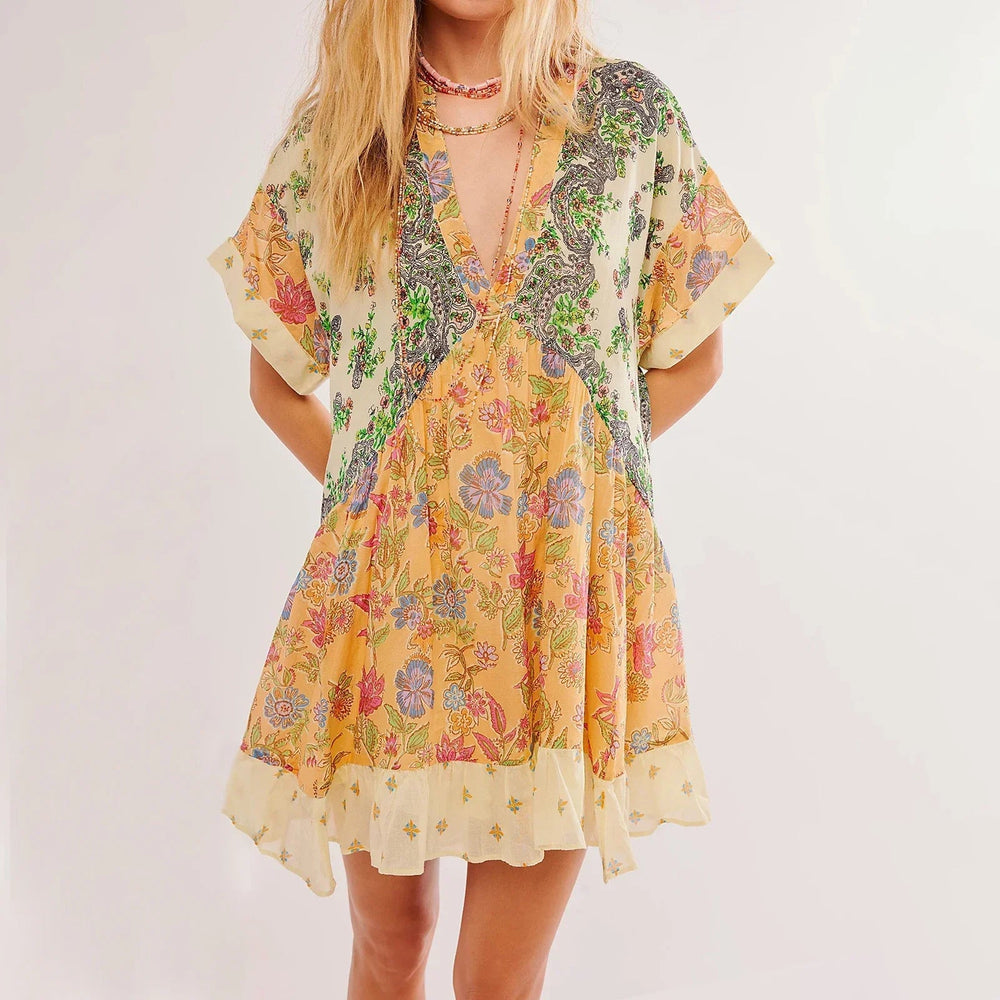 V-Neck Puff Sleeve Mini   Causal Beach Boho Dress Mssaz Desses
