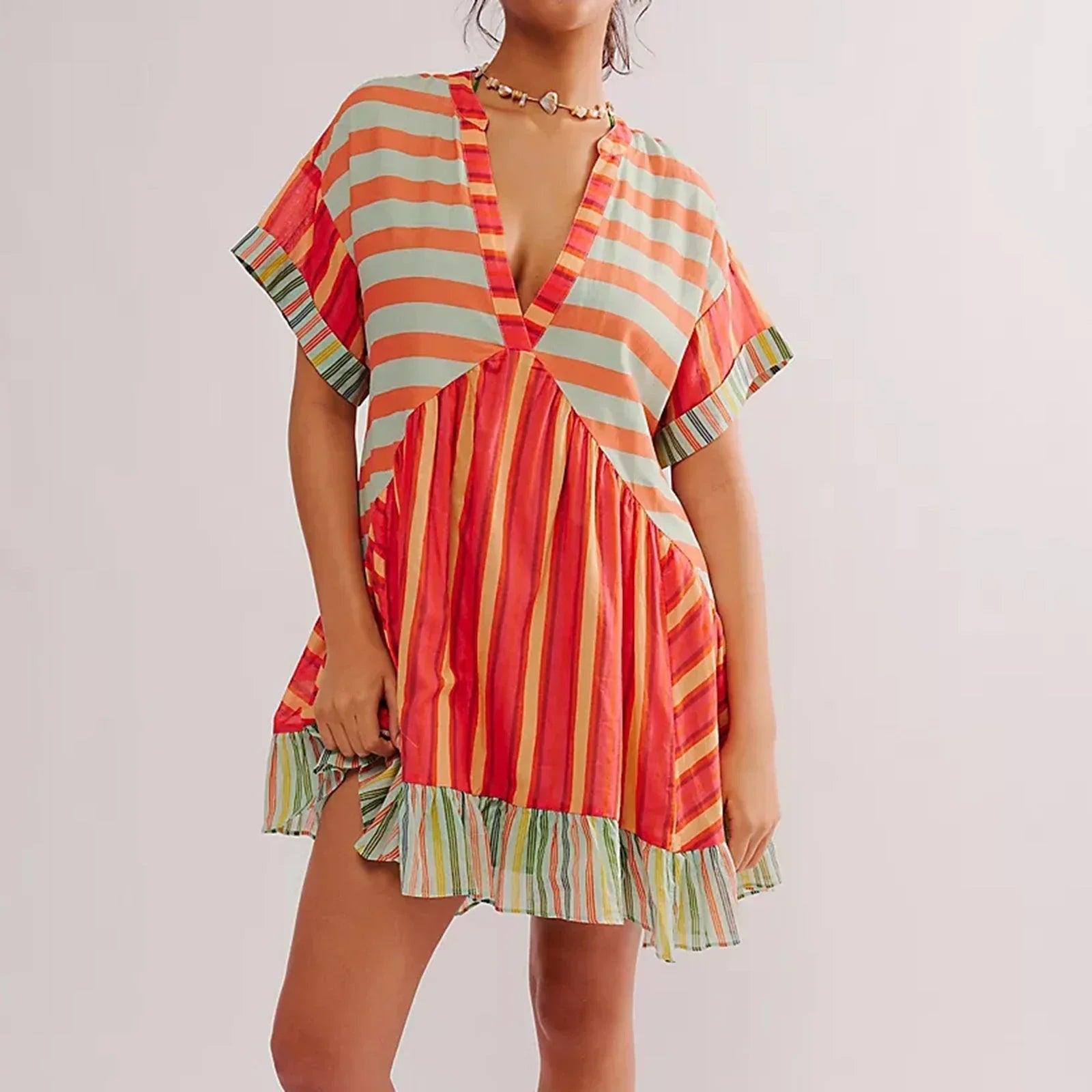V-Neck Puff Sleeve Mini   Causal Beach Boho Dress Mssaz Desses