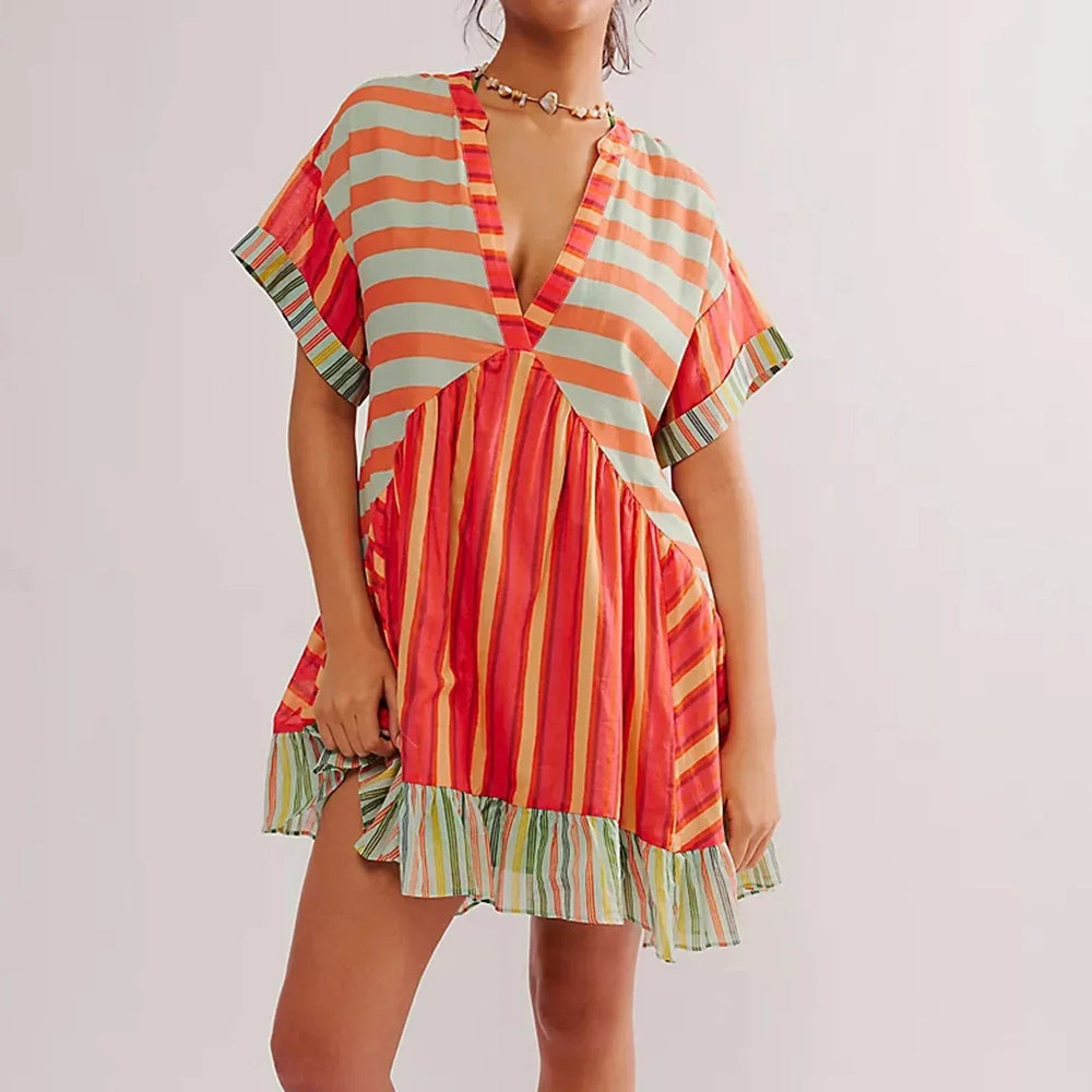 V-Neck Puff Sleeve Mini   Causal Beach Boho Dress Mssaz Desses