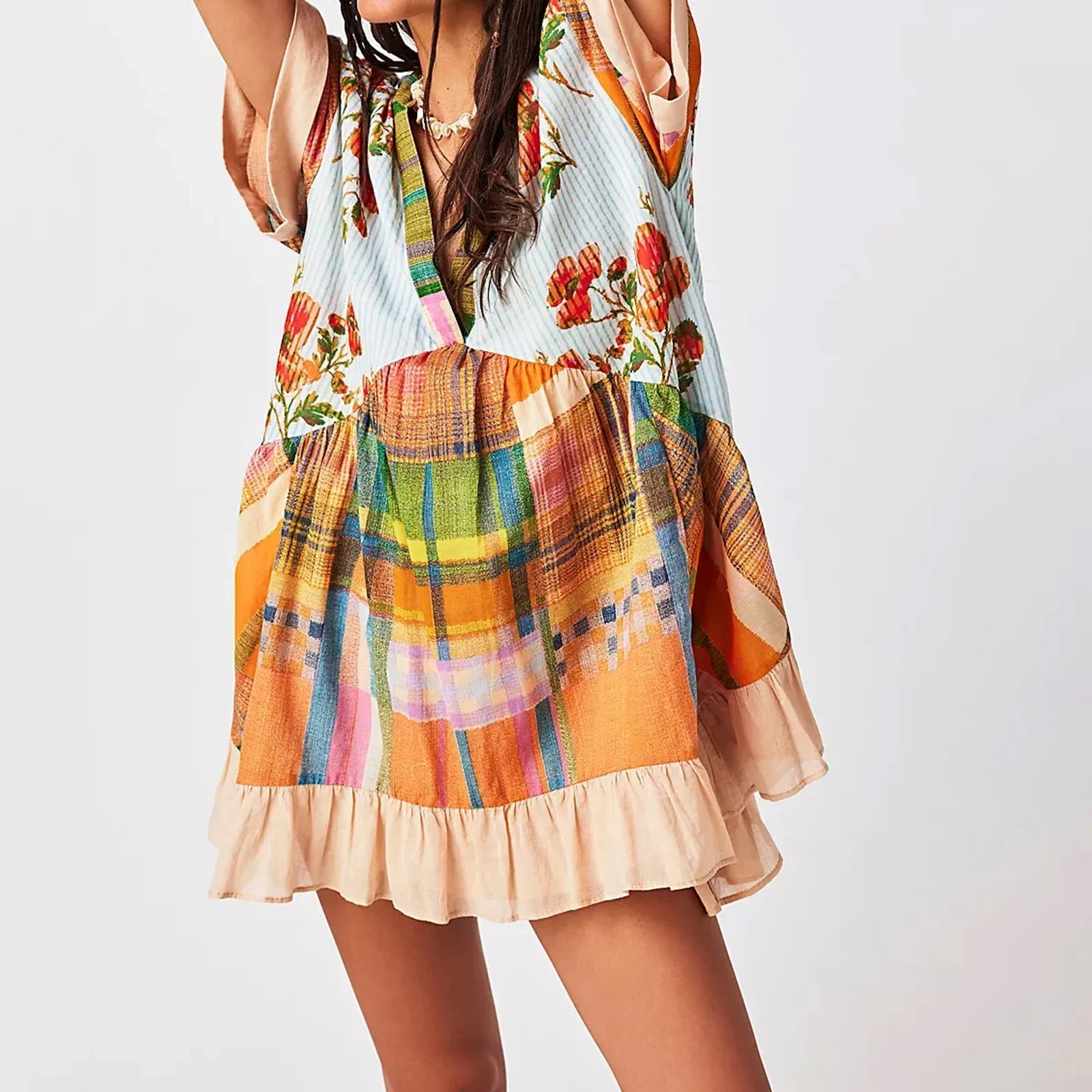 V-Neck Puff Sleeve Mini   Causal Beach Boho Dress Mssaz Desses