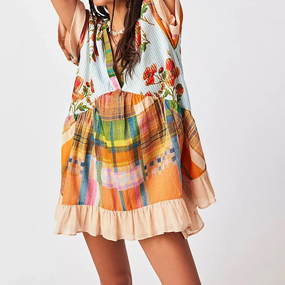 V-Neck Puff Sleeve Mini   Causal Beach Boho Dress Mssaz Desses