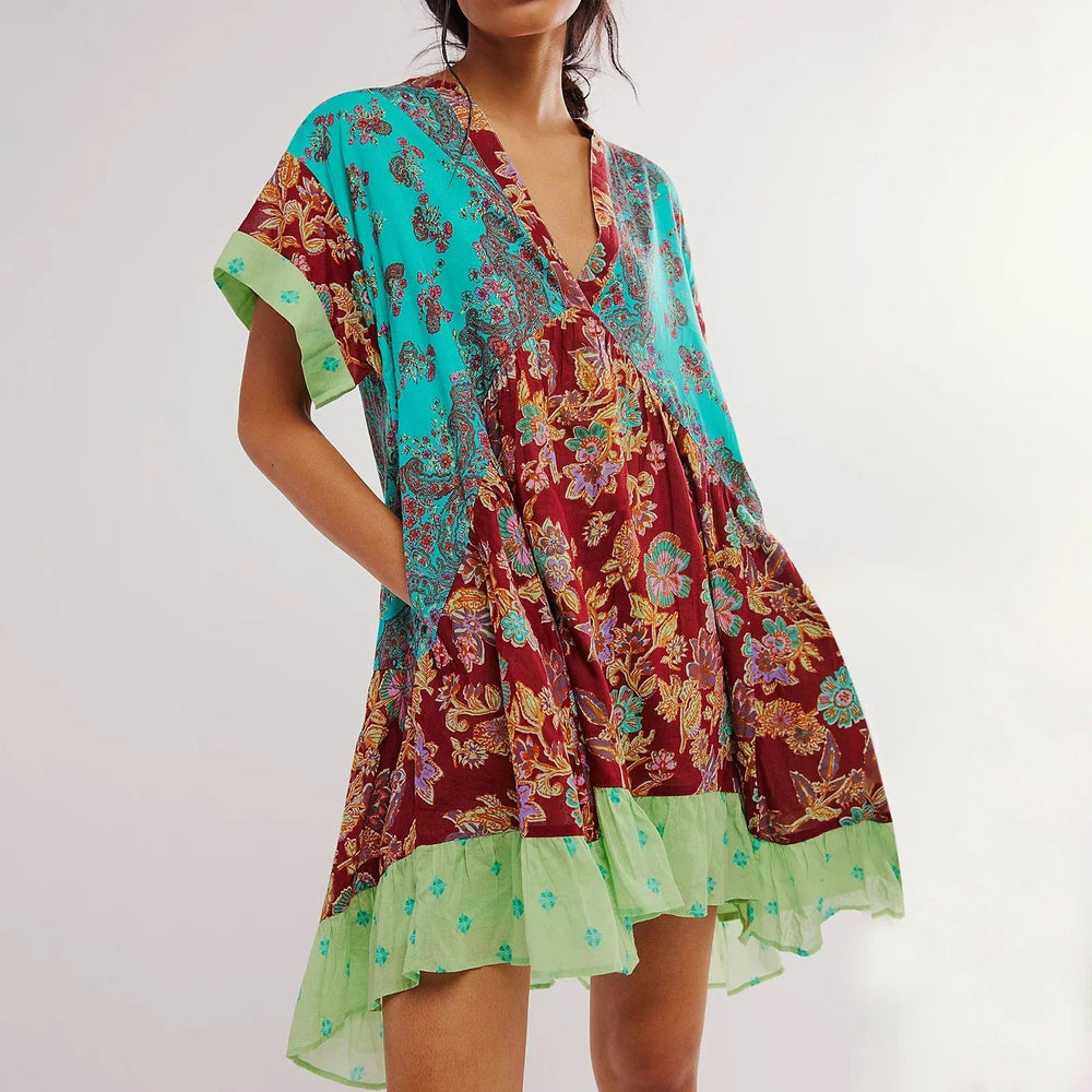 V-Neck Puff Sleeve Mini   Causal Beach Boho Dress Mssaz Desses