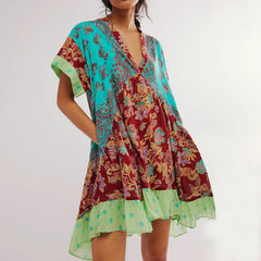 V-Neck Puff Sleeve Mini   Causal Beach Boho Dress Mssaz Desses