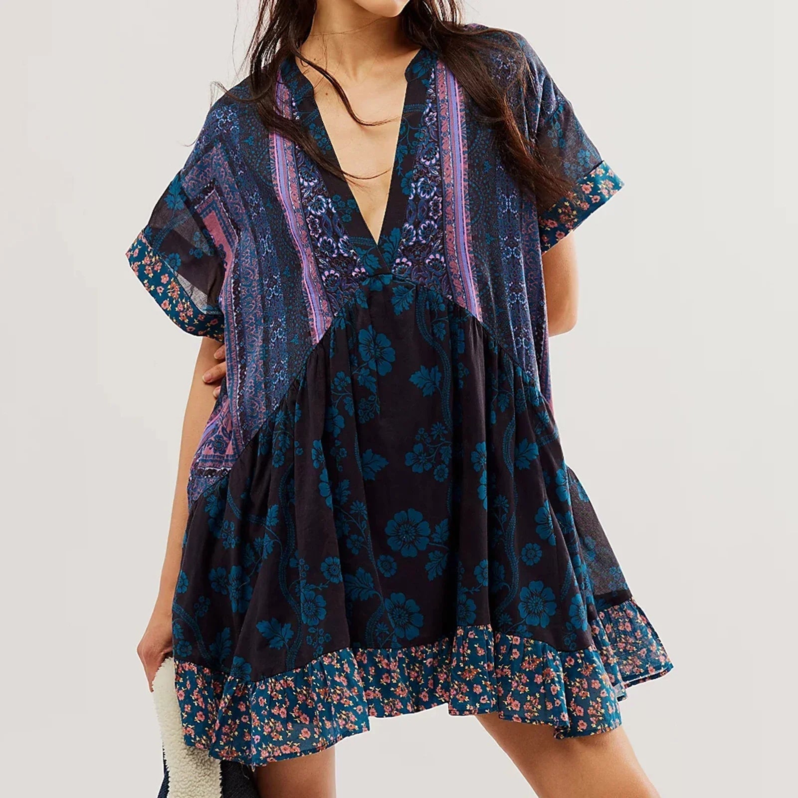 V-Neck Puff Sleeve Mini   Causal Beach Boho Dress Mssaz Desses