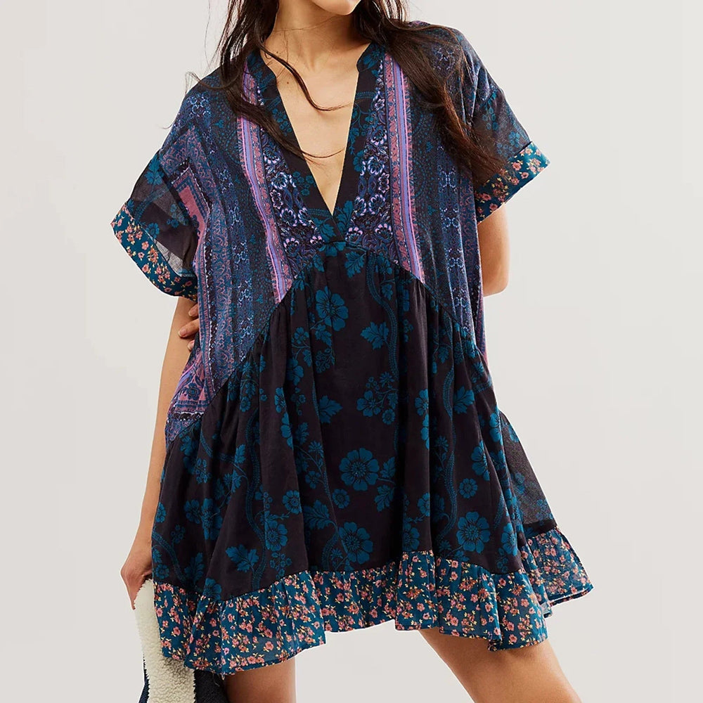 V-Neck Puff Sleeve Mini   Causal Beach Boho Dress Mssaz Desses
