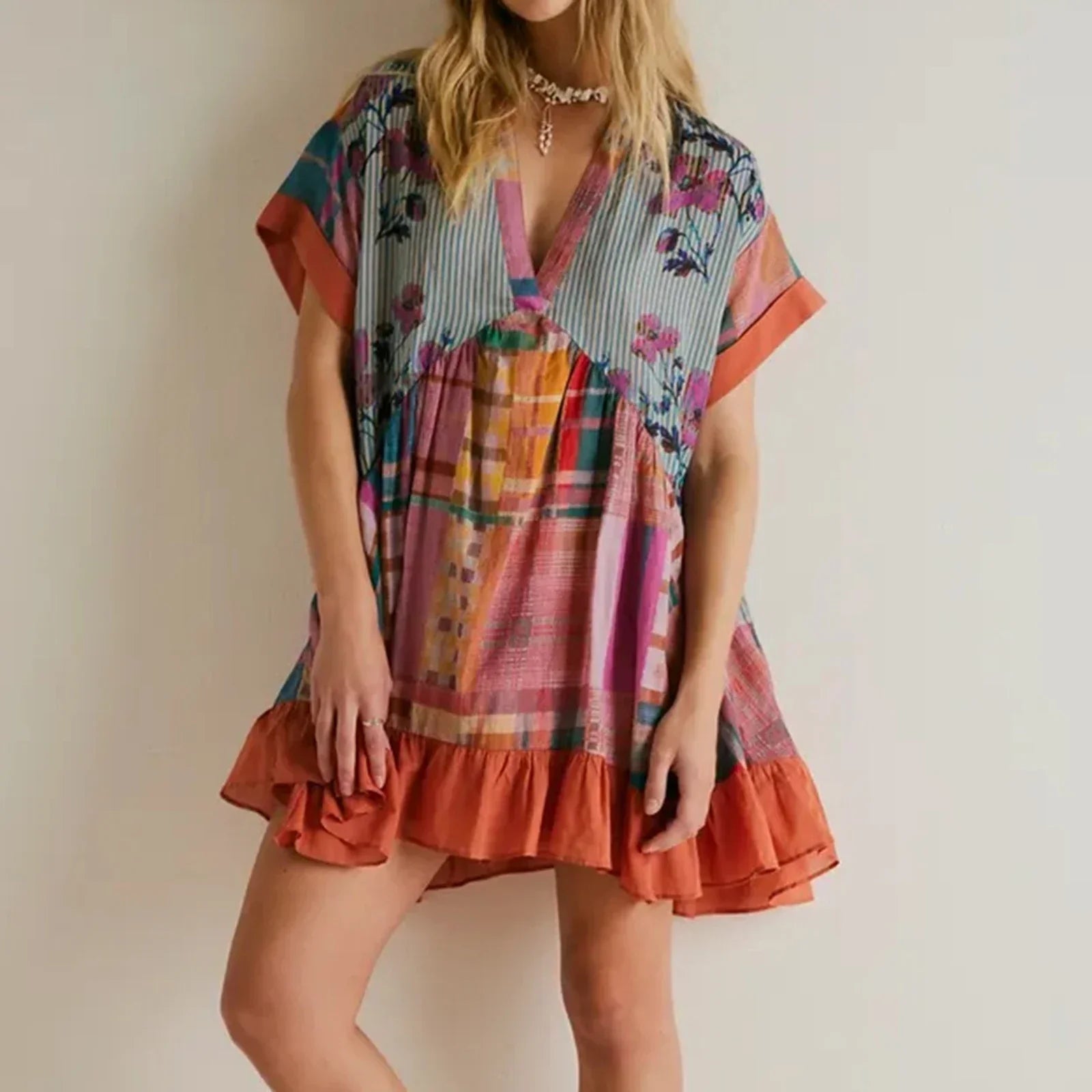 V-Neck Puff Sleeve Mini   Causal Beach Boho Dress Mssaz Desses