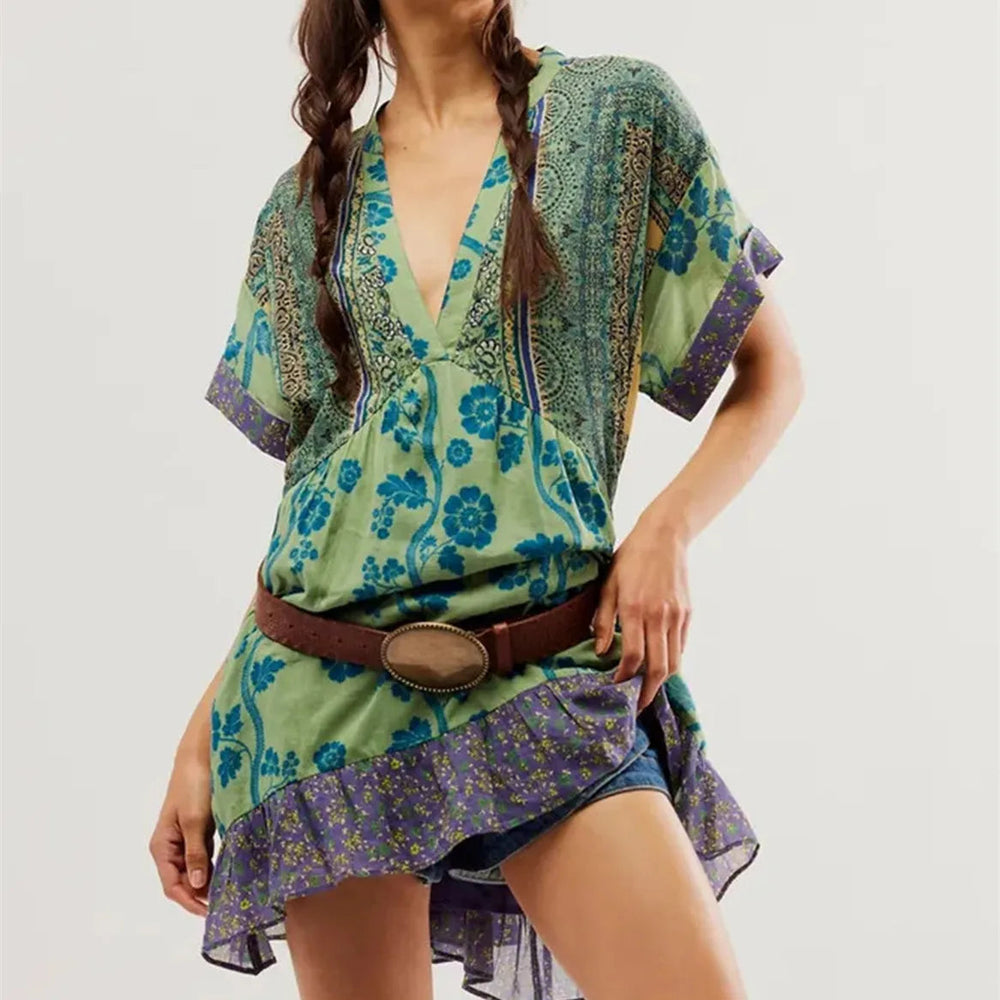 V-Neck Puff Sleeve Mini   Causal Beach Boho Dress Mssaz Desses