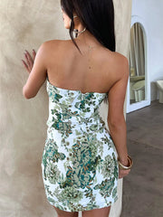 Floral Print Sleeveless Off Shoulder Slit Hem Bodycon Short Party Gown Mini Dress Mssaz Desses