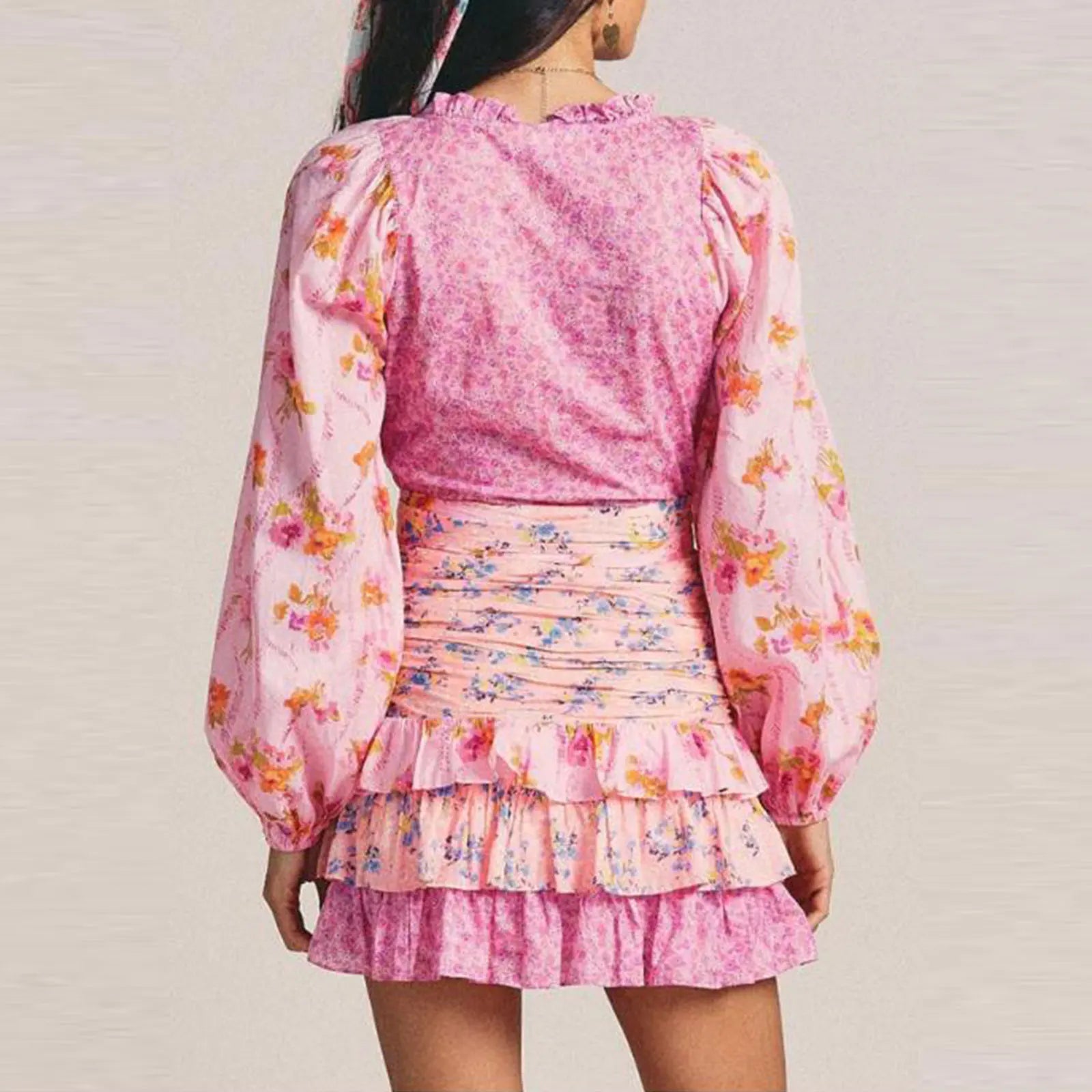 Layered Patchwork Belted Mini Sun V Neck Long Sleeve Boho Dress Mssaz Desses