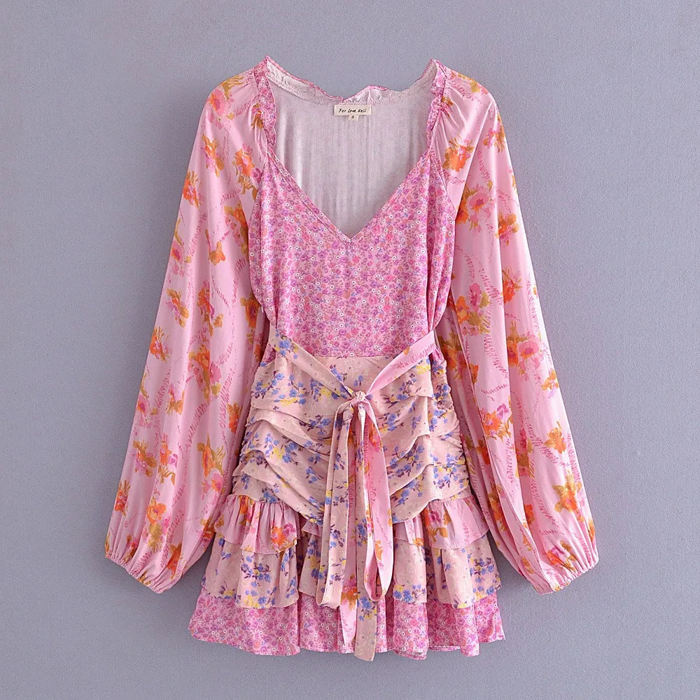 Layered Patchwork Belted Mini Sun V Neck Long Sleeve Boho Dress Mssaz Desses