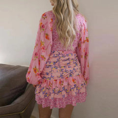 Layered Patchwork Belted Mini Sun V Neck Long Sleeve Boho Dress Mssaz Desses