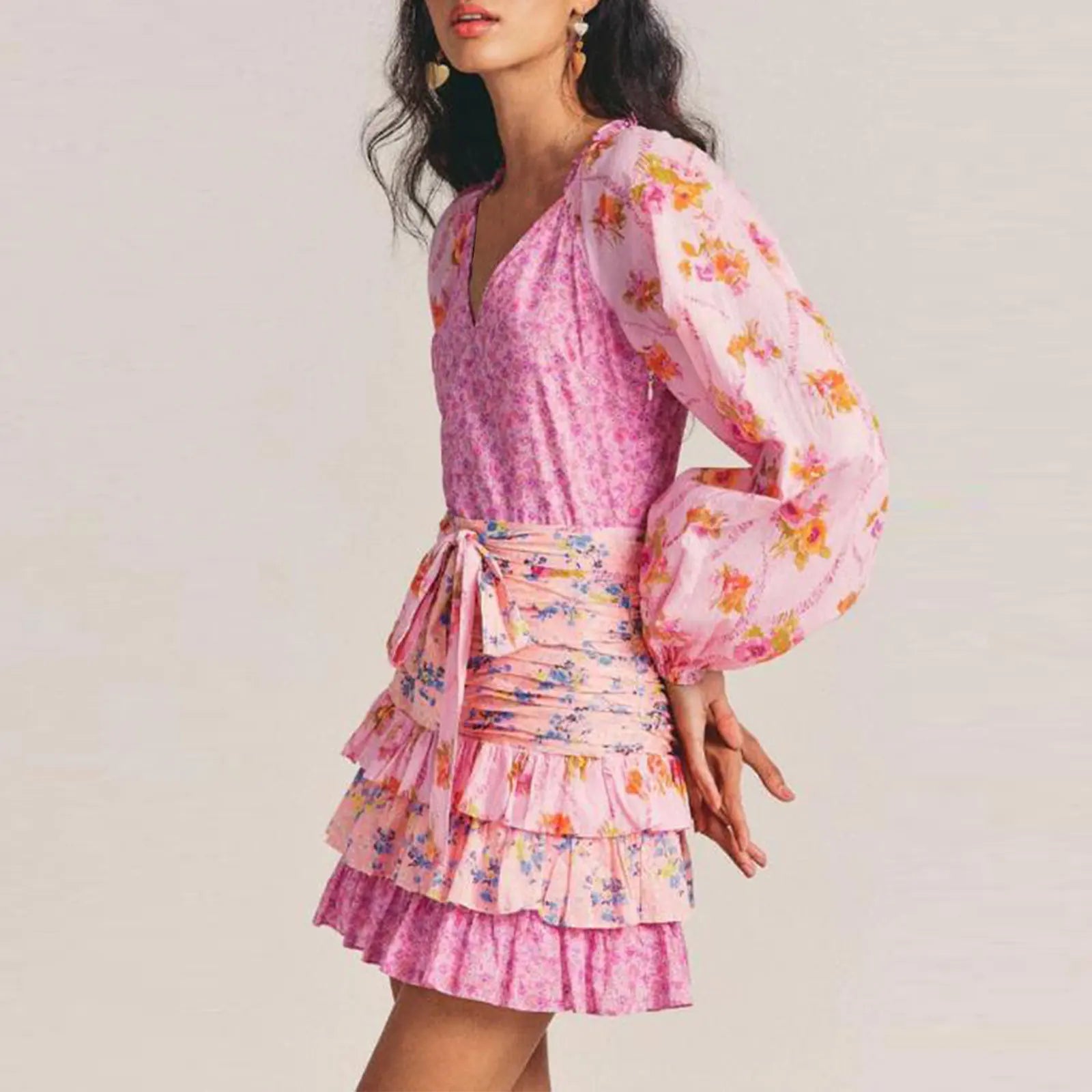 Layered Patchwork Belted Mini Sun V Neck Long Sleeve Boho Dress Mssaz Desses