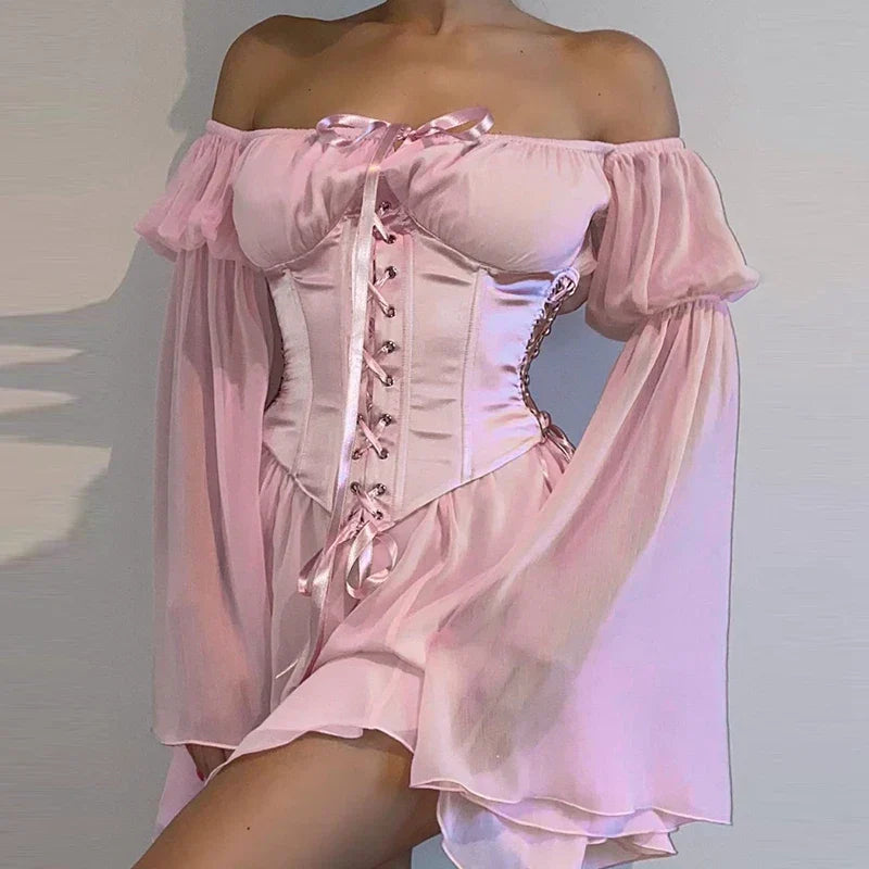 Puff Sleeve Off Shoulder Lace Up Swing Ruffle Mesh Party Body Shaper Bustier Corset Mini Dress Mssaz Desses