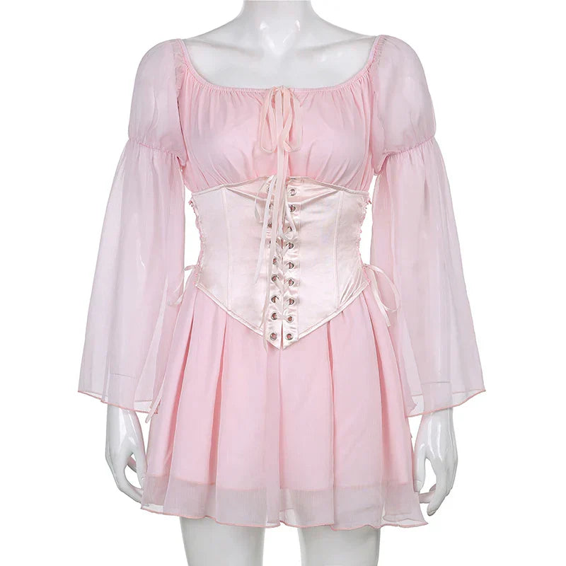 Puff Sleeve Off Shoulder Lace Up Swing Ruffle Mesh Party Body Shaper Bustier Corset Mini Dress Mssaz Desses