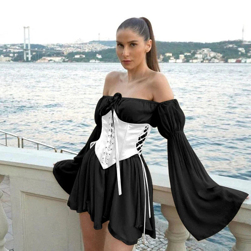 Puff Sleeve Off Shoulder Lace Up Swing Ruffle Mesh Party Body Shaper Bustier Corset Mini Dress Mssaz Desses