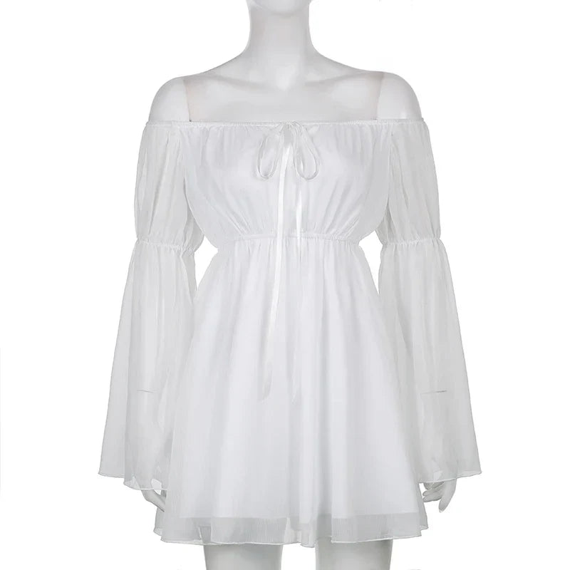 Puff Sleeve Off Shoulder Lace Up Swing Ruffle Mesh Party Body Shaper Bustier Corset Mini Dress Mssaz Desses