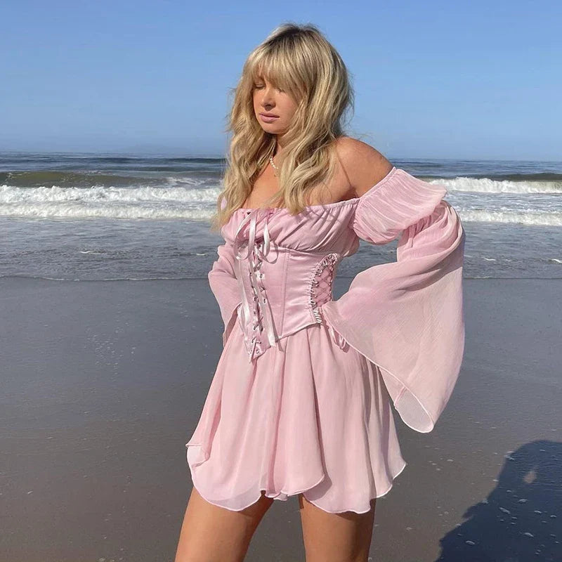 Puff Sleeve Off Shoulder Lace Up Swing Ruffle Mesh Party Body Shaper Bustier Corset Mini Dress Mssaz Desses