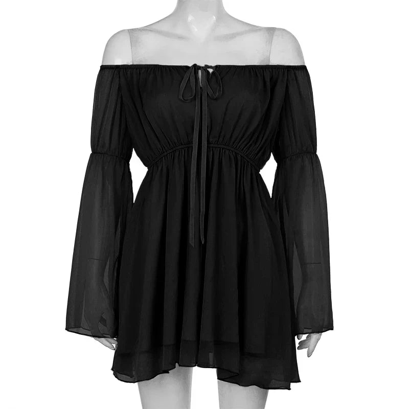 Puff Sleeve Off Shoulder Lace Up Swing Ruffle Mesh Party Body Shaper Bustier Corset Mini Dress Mssaz Desses