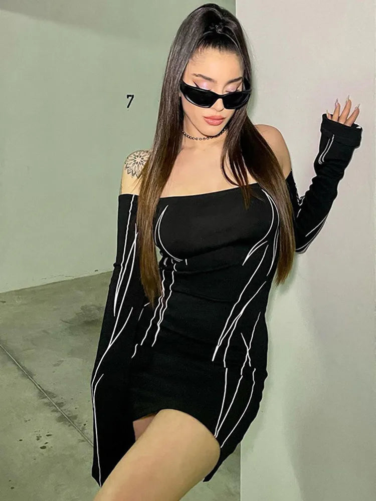Fairy Off Shoulder Bodycon Harajuku Vintage Print Slim Gothic Aesthetic Mini Dress Mssaz Desses