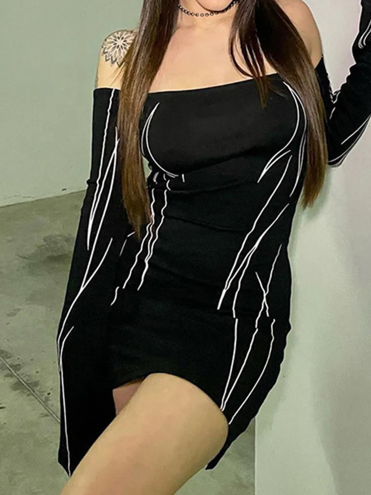Fairy Off Shoulder Bodycon Harajuku Vintage Print Slim Gothic Aesthetic Mini Dress Mssaz Desses