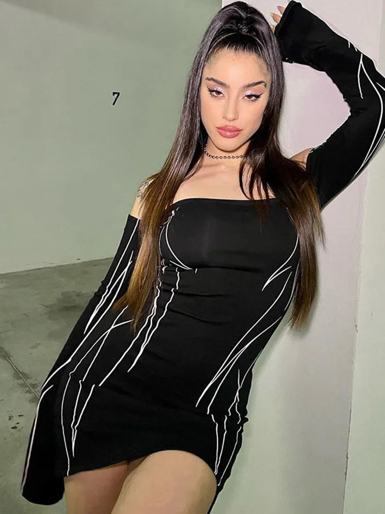 Fairy Off Shoulder Bodycon Harajuku Vintage Print Slim Gothic Aesthetic Mini Dress Mssaz Desses