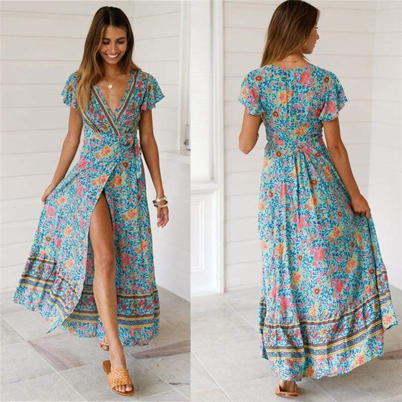 Holiday Long Dress Boho Dresses Lady Boho Floral V-neck Long Maxi Dress  Beachwear Sundress Mssaz Desses