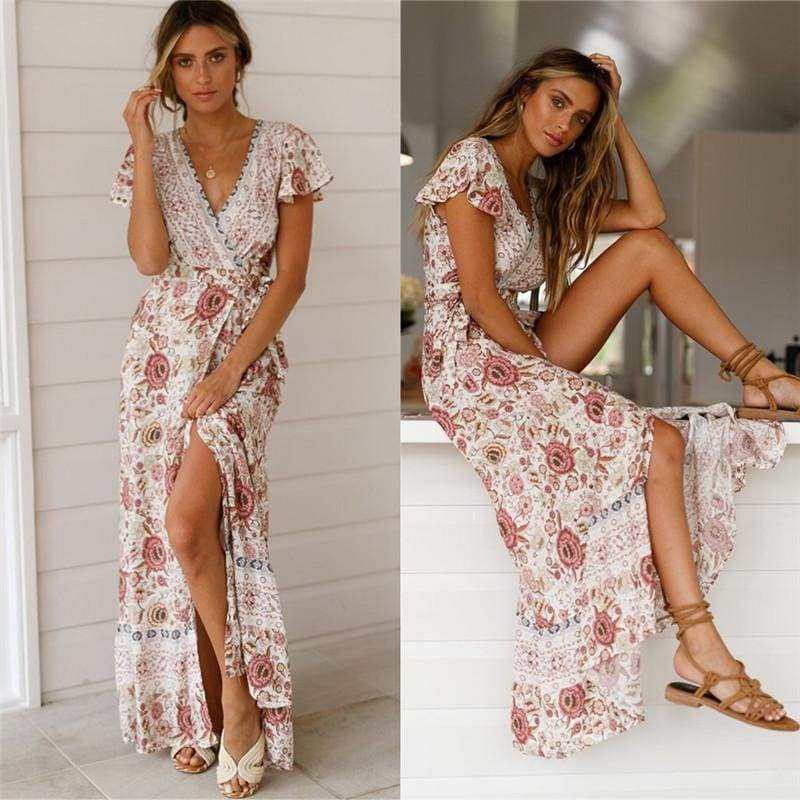 Holiday Long Dress Boho Dresses Lady Boho Floral V-neck Long Maxi Dress  Beachwear Sundress Mssaz Desses