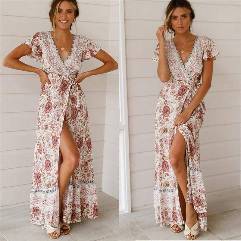 Holiday Long Dress Boho Dresses Lady Boho Floral V-neck Long Maxi Dress  Beachwear Sundress Mssaz Desses