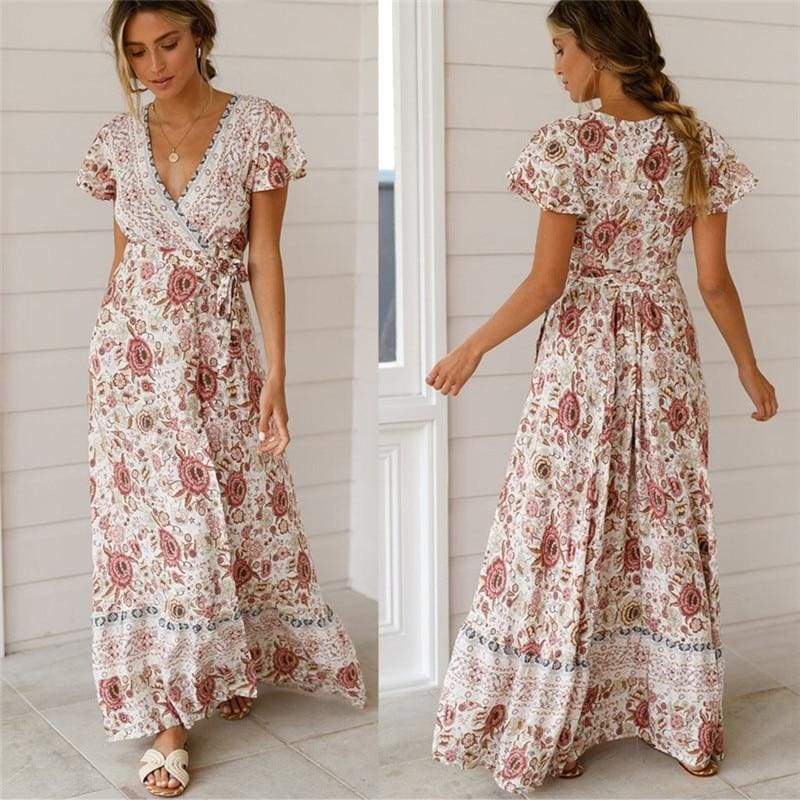 Holiday Long Dress Boho Dresses Lady Boho Floral V-neck Long Maxi Dress  Beachwear Sundress Mssaz Desses