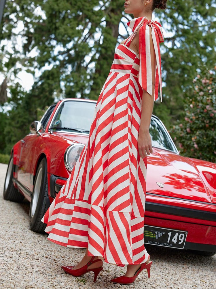 Hidden Striped Turtle High Waisted Maxi Dress-Poppy & Antique Stripe Mssaz Desses