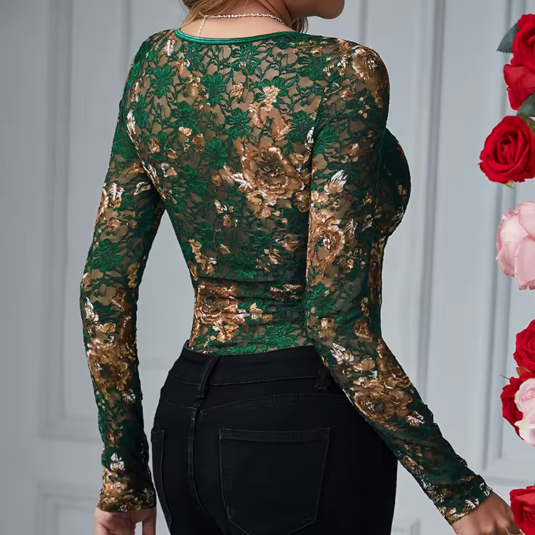 Mature Style Long Sleeve V-neck Floral Bodysuits Mssza