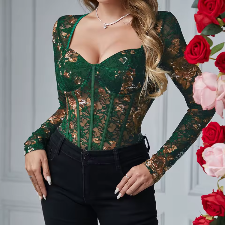 Mature Style Long Sleeve V-neck Floral Bodysuits Mssza