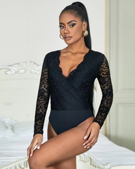 Casual Mesh Brushed Lace Long Sleeve V-neck Bodysuits Mssza