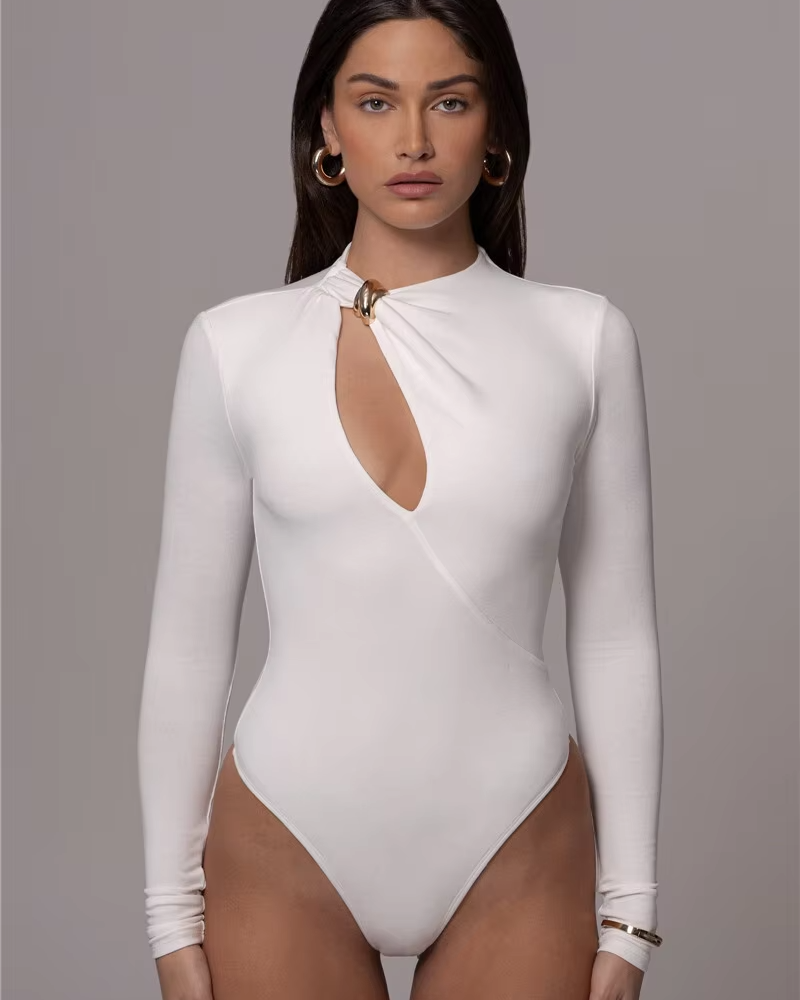 Solid O Neck Long Sleeve Elegant Bodysuits Mssza