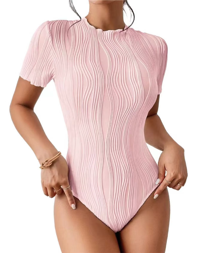 Elegant Solid Textured Crew Neck Short Sleeve Slim Bodysuit Mssza