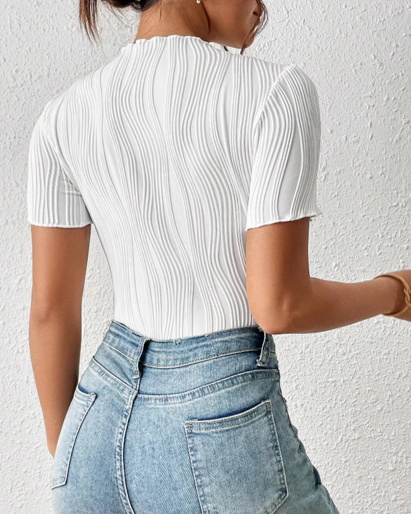 Elegant Solid Textured Crew Neck Short Sleeve Slim Bodysuit Mssza