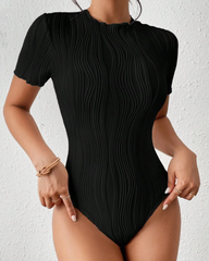 Elegant Solid Textured Crew Neck Short Sleeve Slim Bodysuit Mssza