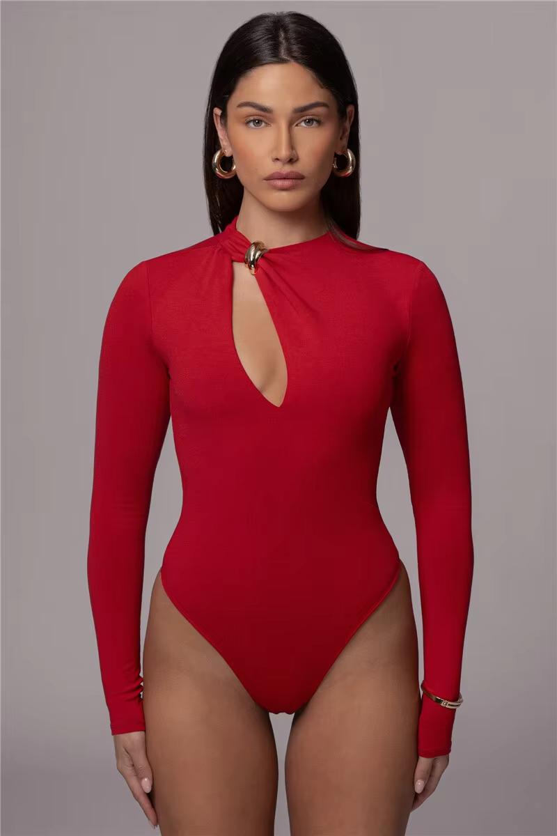 Solid O Neck Long Sleeve Elegant Bodysuits Mssza