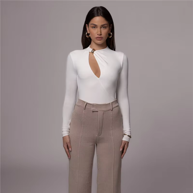 Solid O Neck Long Sleeve Elegant Bodysuits Mssza