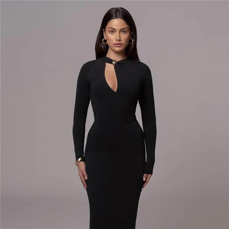 Solid O Neck Long Sleeve Elegant Bodysuits Mssza