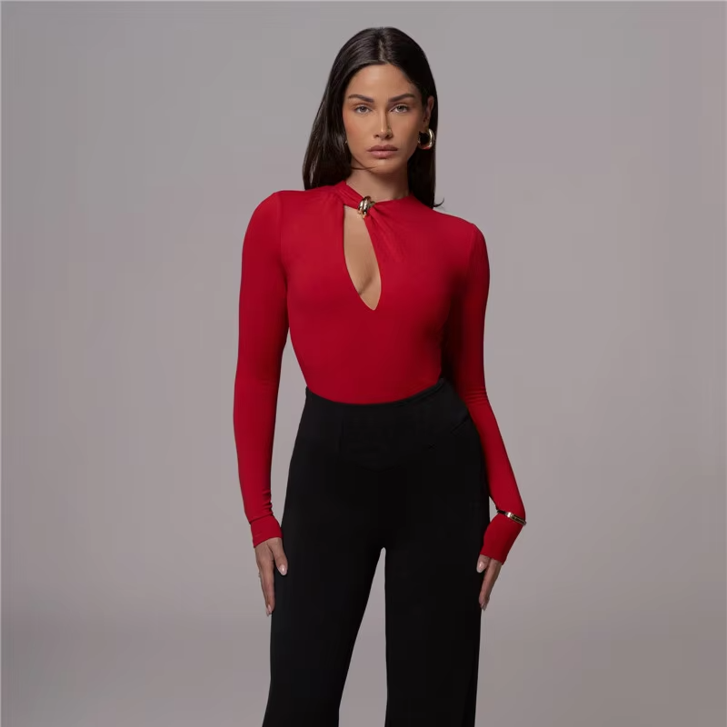 Solid O Neck Long Sleeve Elegant Bodysuits Mssza