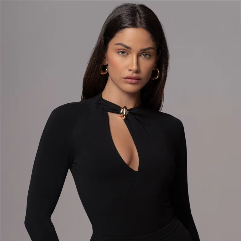 Solid O Neck Long Sleeve Elegant Bodysuits Mssza