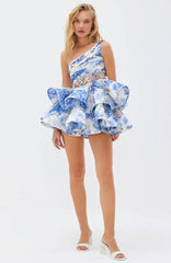 Andrea Floral Printed One-shoulder Mini Chiffon Dress Mssaz Desses